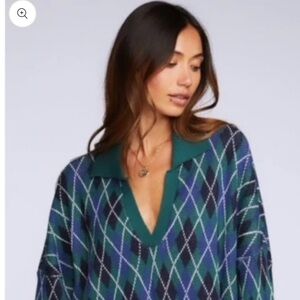 NWOT Chase Argyle Sweater Oversized Small Green, Purple, Black 100% Cotton